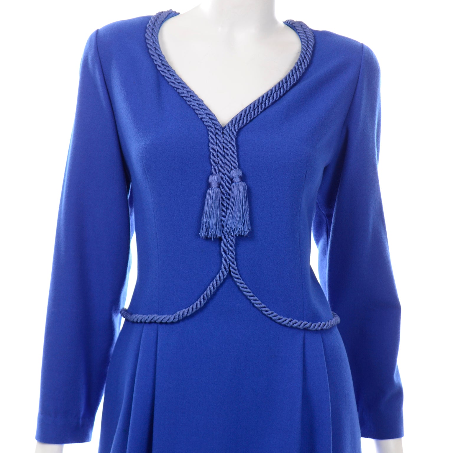 Vintage Valentino Blue Wool Crepe Dress W Rope Trim and Tassels Modig Vintage Valentino Blue Wool Crepe Dress W Rope Trim and Tassels Modig