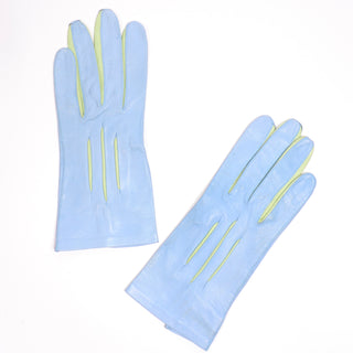Escada Sky Blue and Green Leather Vintage Gloves Margaretha Ley 7.5 Spring Summer