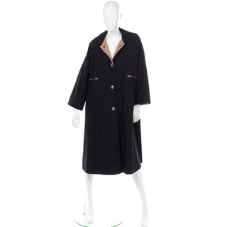 1970s Vintage Bonnie Cashin Black Coat All Weather Canvas Raincoat w Cashmere Lining