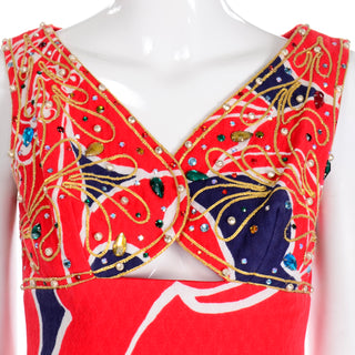 Cut out Vintage Bonwit Teller Red and Blue Maxi Dress With Rhinestones