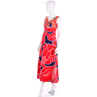 Vintage Bonwit Teller Red and Blue Bold Floral Maxi Dress With Rhinestones