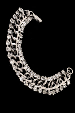 1960s Silver Chain Link Bracelet w/ Rows of Rhinestones