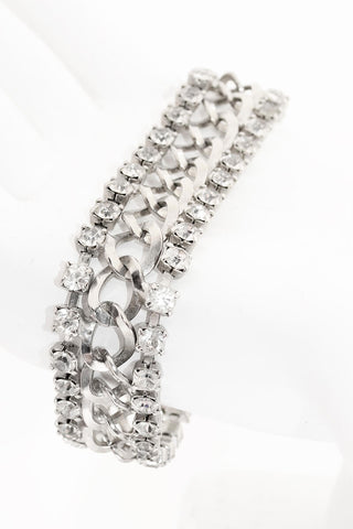 1960s Silver Chain Link Bracelet w/ Rows of Rhinestones
