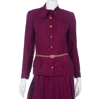 Chanel Haute Couture Vintage 2 Pc Dress Magenta & Black Skirt & Jacket w Belt Celebrity owned