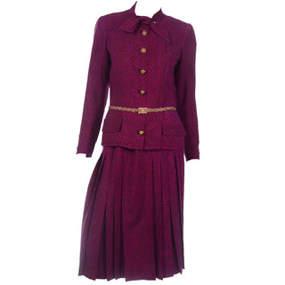 Chanel Haute Couture Vintage 2 Pc Dress Magenta & Black Skirt & Jacket w Belt purple