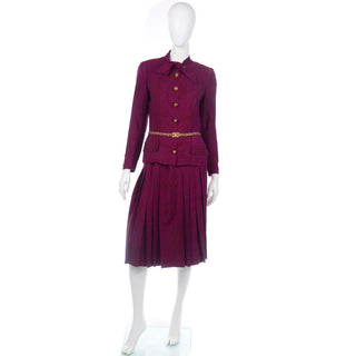 Rare Chanel Haute Couture Vintage 2 Pc Dress Magenta & Black Skirt & Jacket w Belt