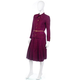 Chanel Haute Couture Vintage 2 Pc Dress Magenta & Black Skirt & Jacket w Belt with lion's head buckle