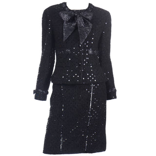 1983 Chanel by Karl Lagerfeld Black Sequin Jacket w Skirt Suit with Matching Top