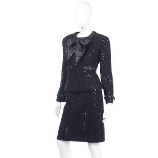 1983 Chanel by Karl Lagerfeld Black Sequin Boucle Skirt Suit with Matching Top