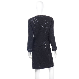 1983 Chanel by Karl Lagerfeld Black Sequin Skirt & Jacket Suit with Matching Top 
