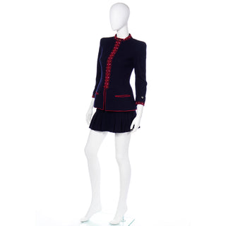 Chanel 1997 Runway Vintage Blue Skirt & Jacket Suit W Red Embroidery Karl Lagerfeld