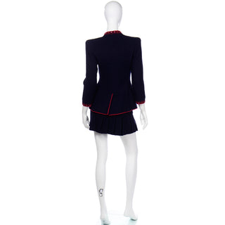 Chanel 1997 Runway Vintage Blue mini Skirt & Jacket Suit W Red Embroidery