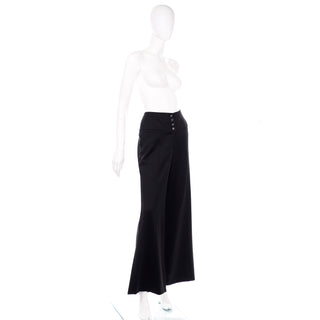 Authentic Chanel Black Wool Wide Leg Pants Trousers Buttons