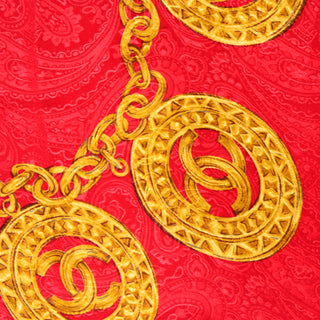 RESERVED // Vintage Red Silk Jacquard Chanel Scarf w Gold CC Monogram Medallion Chain Link Print