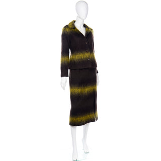 Vintage Chartreuse & Brown fuzzy Mohair Jacket and Skirt Suit