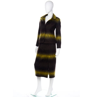 Vintage Chartreuse & Brown Mohair Jacket and Skirt Suit size 8