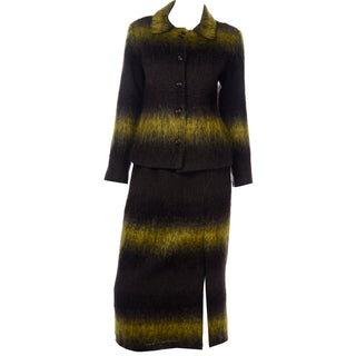1970s Vintage Chartreuse & Brown Mohair Jacket and Skirt Suit