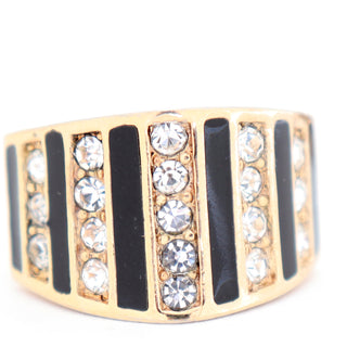 Christian Dior Vintage Gold Earrings w Black Enamel & Crystals semi circle half moon shape