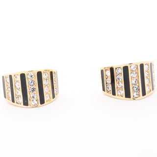 Christian Dior Vintage Gold Earrings w Black Enamel & Crystal Rhinestones