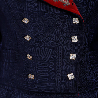 F/W 1994 Christian Lacroix Black Velvet Skirt Suit W Red Velvet Lapel with rhinestone buttons