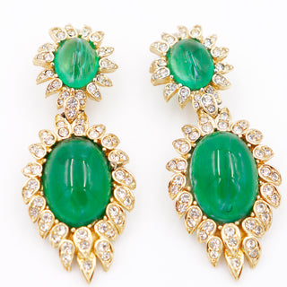 1980s Vintage Ciner Green Poured Glass Drop Statement Earrings w Crystals Signed 