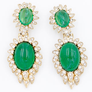 1980s Vintage Ciner Green Poured Glass Drop Statement Earrings w Crystals