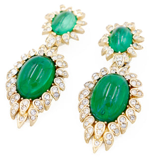 1980s Vintage Ciner Green Drop Statement Earrings w Crystals Very Large