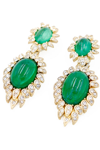 1980s Vintage Ciner Green Drop Statement Earrings w Crystals