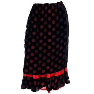 1990s Comme des Garcons Silk Blend Black Skirt W Red Polka Dots Frayed Hem