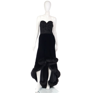 Vintage Couture Black Velvet Strapless Evening Gown w/ Fur Trim