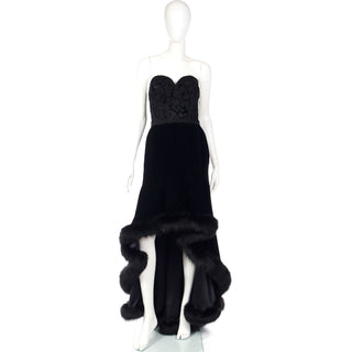 Vintage Couture Black Velvet Strapless Evening Gown w/ Fur Trim