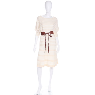 1980s Vintage Cream & Ivory Wool Knit Open Weave Dress W 3/4 Sleeves
