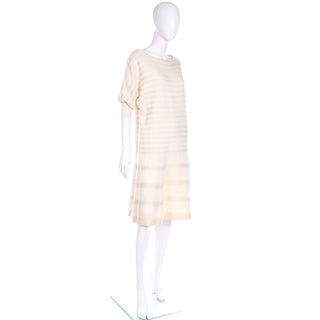1980s Vintage Cream & Ivory Wool Knit Dress W 3/4 Sleeves M L