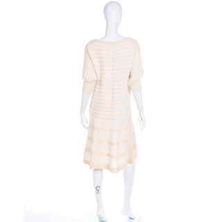 1980s Vintage Cream & Ivory Wool Knit Dress W 3/4 Sleeves Sz M/L