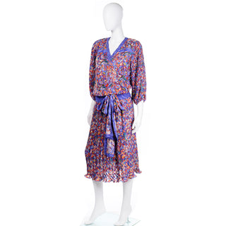 Diane Freis Vintage Bold Colorful Mixed Pattern Print 1980s Beaded Dress micro pleated balloon sleeves