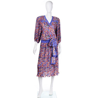 Diane Freis Vintage Bold Colorful Mixed Pattern Print 1980s Beaded Dress with sash