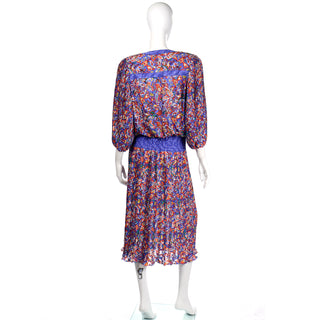 Diane Freis Vintage Bold Colorful Mixed Pattern Print 1980s Beaded Dress lettuce edge hemline