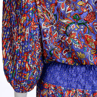 Diane Freis Vintage Bold Colorful Mixed Pattern Print 1980s Beaded Dress unique sleeves