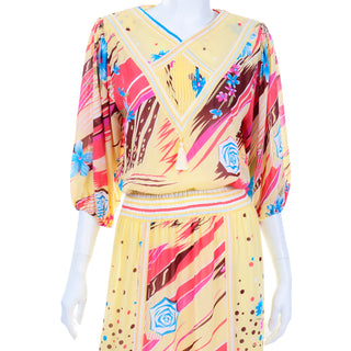 Diane Freis Vintage 1980s Yellow Pink Blue & Brown Print Dress fits s-l