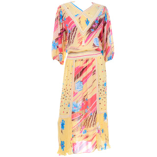 Diane Freis Vintage 1980s Yellow Pink Blue & Brown Print Dress pleats & tassels