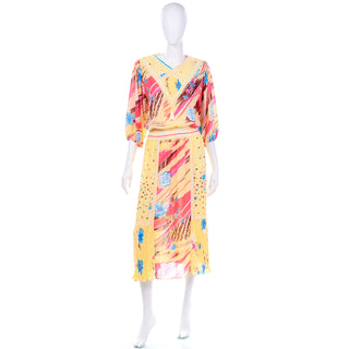 Diane Freis Vintage 1980s Yellow Pink Blue & Brown Print Dress