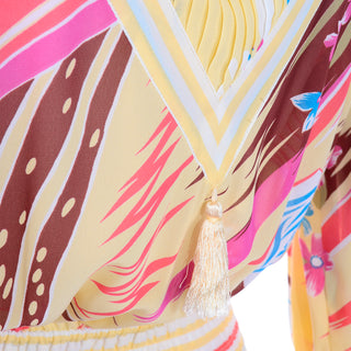 Diane Freis Vintage 1980s Yellow Pink Blue & Brown Print Dress with pleated panels and tassel