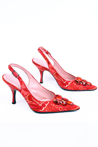 2000s Dolce & Gabbana Red Print Slingback Shoes w Red Beaded Gems