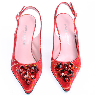2000s Dolce & Gabbana Red Print Slingback Shoes w Red Beaded Gems 7