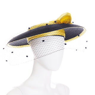 1950s Doris Black Straw Hat w Yellow Crown & Silk Rose Bow Millinery