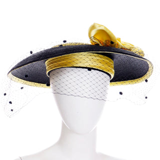 1950s Doris Black Straw Hat w Yellow Crown & Silk Rose Bow Excellent