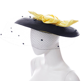 1950s Doris Black Straw Hat w Yellow Crown & Silk Rose Bow w net