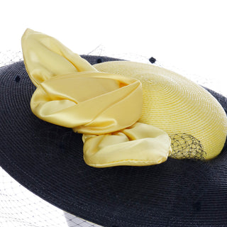 1950s Doris Black Straw Hat w Yellow Crown & Silk Rose Bow with net