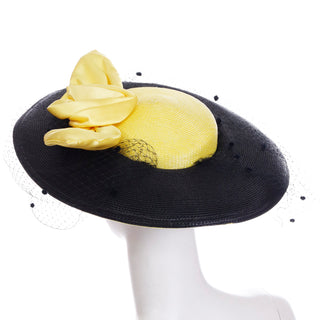 1950s Doris Black Straw Hat with Yellow Crown & Silk Rose Bow