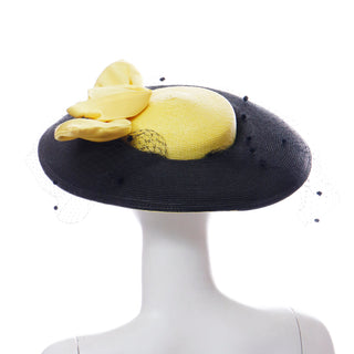 1950s Doris Black Straw Hat w Yellow Crown & Silk Rose Bow with dot net